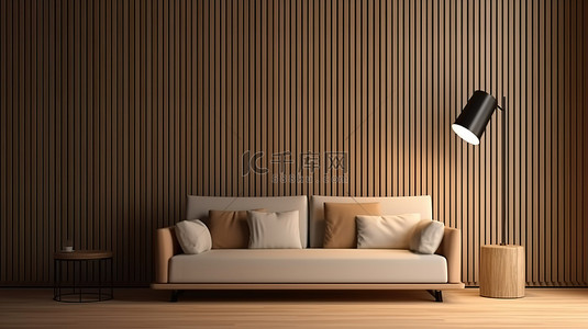 落地灯沙发背景图片_3D 渲染一个简单的客厅，配有木板条墙和落地灯沙发