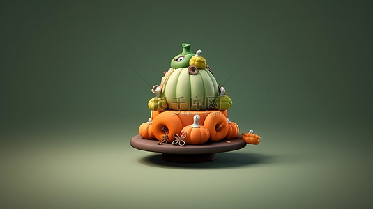 简单的万圣节蛋糕，装饰着南瓜绿叶和 3D 艺术品中可爱的侏儒