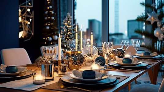 家居清背景图片_圣诞主题餐厅装饰着 3D 呈现的蓝色白色和棕色装饰