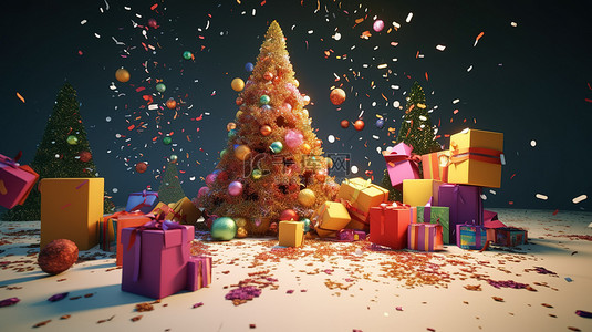 3D 渲染的圣诞节和新年庆祝活动，包括节日树木礼品盒和充满活力的爆炸玩具