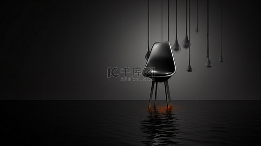 阴暗环境中悬浮椅子的怪诞 3D 呈现