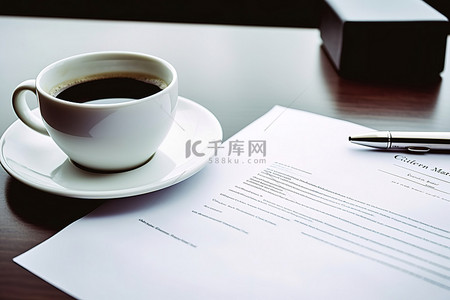 薪资协议背景图片_一杯咖啡放在一张纸旁边，旁边是一份协议