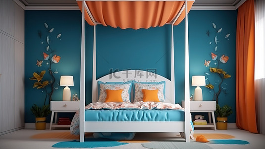 时尚的儿童卧室设计，配有四个海报床床头柜和蓝色橙色和白色 3D 渲染的台灯