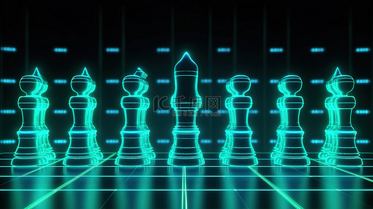 一排带二进制代码装饰的 3D 发光国际象棋棋子