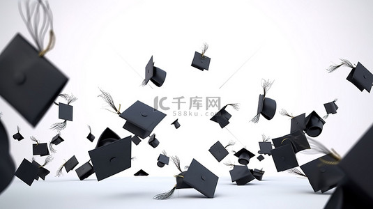 白色背景上掉落的 3D 毕业帽庆祝学术成功和学士学位