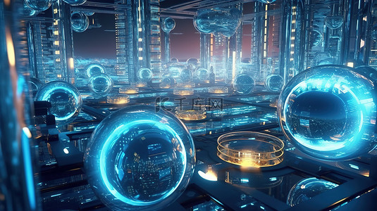 科幻 3D 艺术描绘了由原子能驱动的未来赛博朋克城市