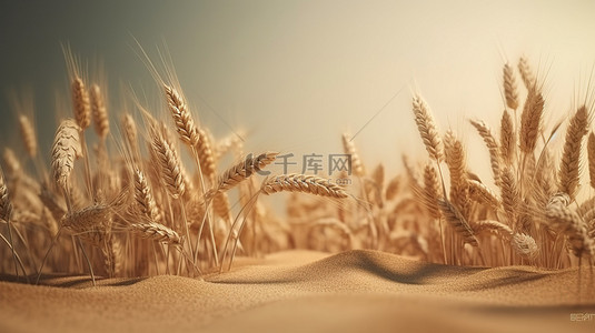 插画风格小麦作物农场的秋季主题 3D 渲染