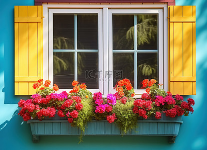 前院有两个带花盆的彩色窗框