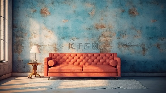 蓝色文化墙背景背景图片_脏兮兮的淡红色房间内部蓝色沙发的 3D 渲染