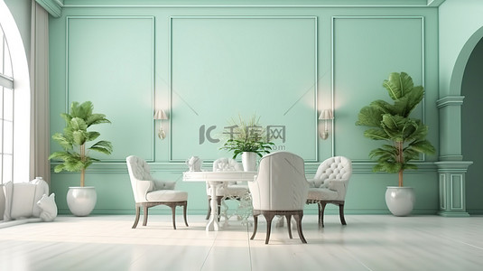 古典墙壁装饰背景图片_优雅的古典风格室内房间采用柔和的绿色，配有木桌和使用 3D 渲染创建的白色椅子