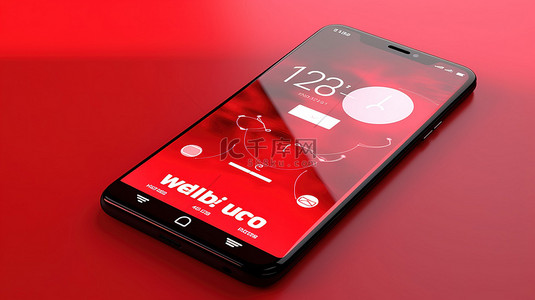 具有更新界面渲染的红色背景 3d 智能手机