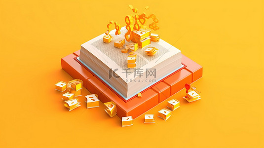英语教育教学背景图片_等距教育概念 3D 书，采用现代平面设计，充满活力的橙色背景