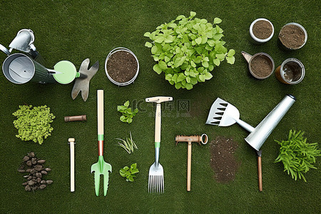 草地上设置的园林工具和植物