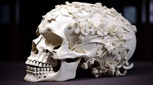 骨骼女孩背景图片_警告 3D 打印的白色头骨装饰着巴洛克图案和花卉图案