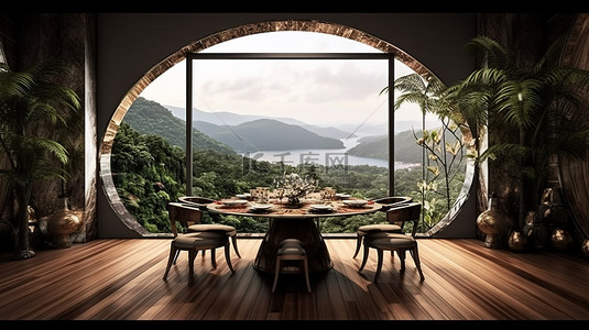 室内渲染图背景图片_优雅的餐厅，风景如画的自然景观豪华室内设计的 3D 渲染图