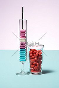 一个装有药丸的注射器和旁边的一个玻璃杯