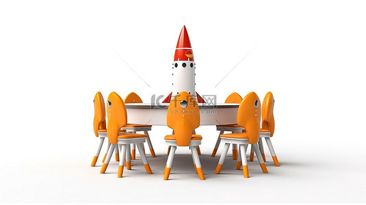 创新椅子的发射台，围绕着桌子，中央火箭 3D 渲染在白色背景上