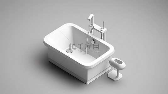 室内家居平面背景图片_浴缸水槽的 3d 平面白色单色等距图标