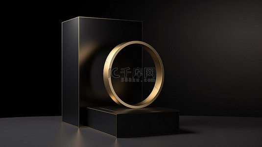 金色方形背景图片_极简主义的黑色 3d 渲染，具有空圆柱形讲台和金色方形框架