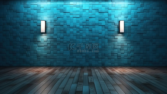 带有头顶照明的蓝色木质矩形瓷砖墙的 3D 渲染