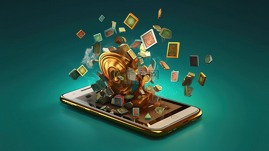 手机卡通手背景图片_卡通手拿着智能手机的 3D 渲染，周围是现金，启动了一个获胜的在线赌场应用程序