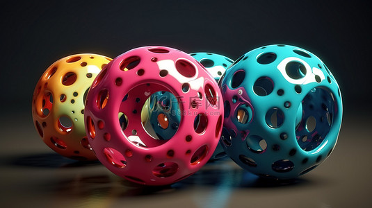 球的元素背景图片_白色背景 3D 渲染中带有蛇形孔的几何形状多色球的特写