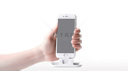 手机支架背景图片_塑料手机支架的免提便利 3D 渲染，在白色背景上牢固地握住智能手机