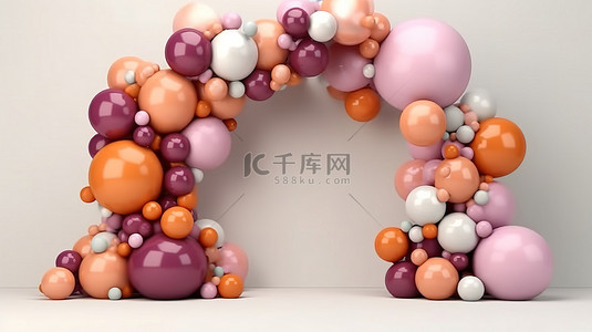 派对元素背景图片_气球花环元素的 3D 渲染，用于时尚婚礼或生日派对拱门装饰