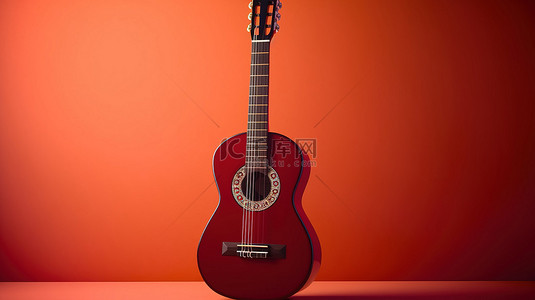 红色背景下古典吉他的 3d 插图