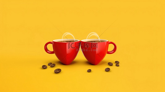 黄色背景上 3D 渲染中两个带有红心的咖啡杯散发着蒸汽