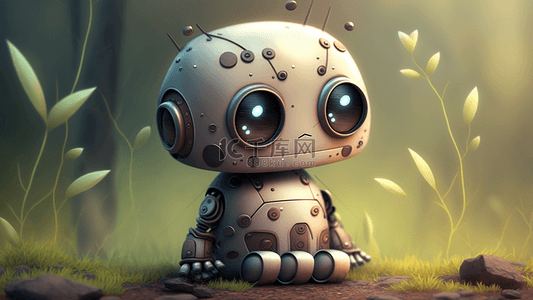 漂亮的装饰小背景图片_机器人坐在森林里的大圆眼睛小形机器人