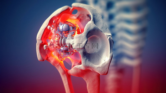 人工关节髋关节植入物的 3D 插图，在医学海报图像中描绘关节炎炎症骨折和软骨损伤