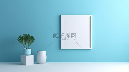 客厅贴画背景图片_蓝墙 3D 渲染与空相框模型