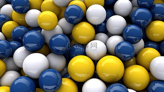 抽象 3D 插图展示了白色蓝色黄色和黑色的多色球的特写