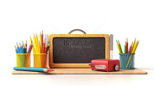 白色背景上带有黑板和铅笔的卡通文具学校教育横幅的 3D 插图