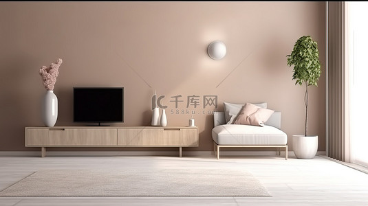 墙壁沙发背景图片_3D 渲染中带有低柜和地毯的客厅模型