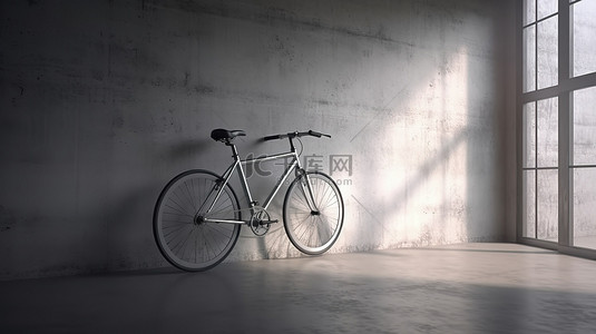在 3D 渲染中靠在混凝土墙上的极简主义自行车