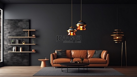 彩虹灯带背景图片_带沙发橱柜桌和灯的黑墙客厅的 3D 渲染