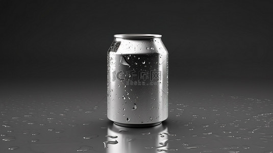 铝制啤酒罐闪闪发光的 3D 渲染，水滴完美适合任何饮料