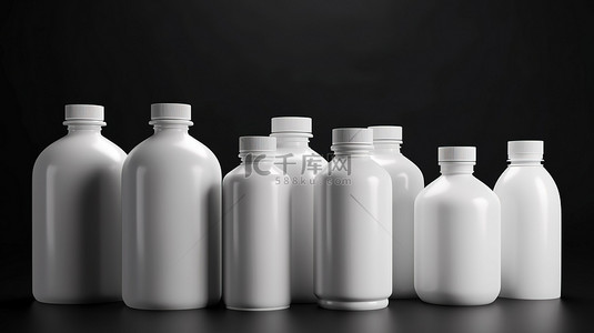 3D 渲染中带有空白标签的一排白色塑料液体瓶