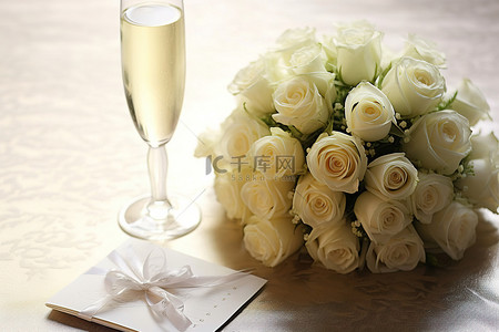 桌上放着一束玫瑰花和香槟酒杯，上面放着婚礼卡