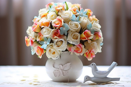 桌上的婚礼花束与花盆