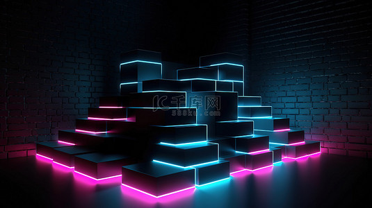 霓虹灯在 3d 渲染中与抽象的深色砖背景接壤，带有蓝色和粉红色的阴影