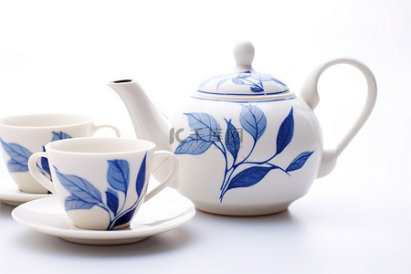 白色背景中新鲜的蓝色和白色茶杯和茶壶