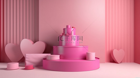 浪漫的粉色讲台 3D 渲染，用于情人节产品展示，以爱和心为特色