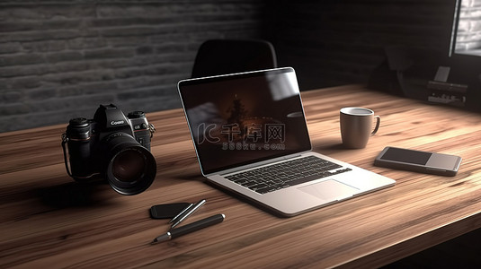 电脑创意桌面背景图片_木桌设置笔记本电脑相机咖啡杯平板电脑和充足的工作空间和 3d 渲染创意