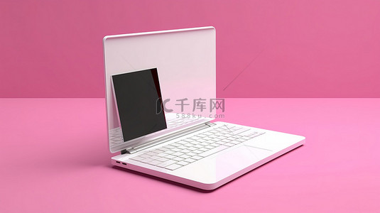 数字人海报背景图片_粉色背景下 3D 白色电脑笔记本上的空白屏幕