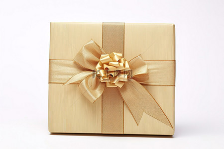 白色背景上有金色装饰丝带和礼品标签的礼品盒