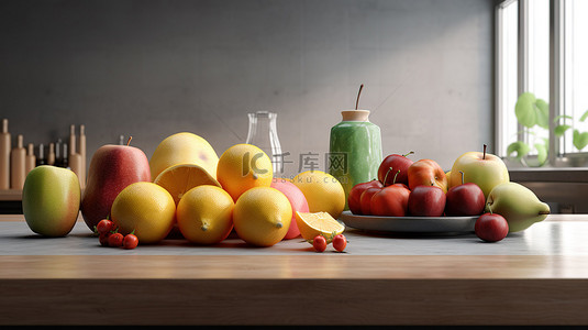 餐桌上的健康背景图片_现代混凝土厨房台面上展示的新鲜水果促进健康的饮食习惯 3D 渲染