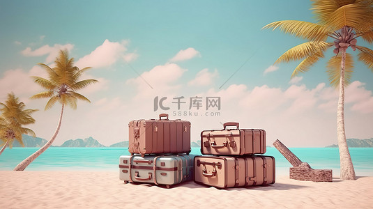 棕榈树海滩上手提箱的热带度假胜地 3D 渲染